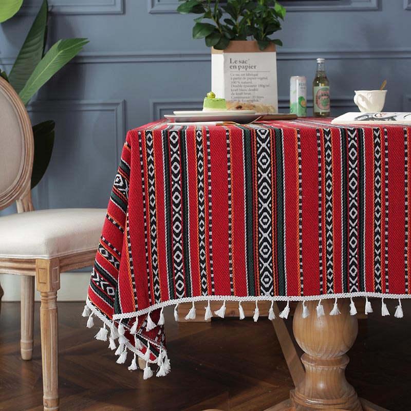 Nappe Bohème Teint En Fil Jacquard Rouge Ruban Gland Maison Table Basse Couverture Serviette display picture 7