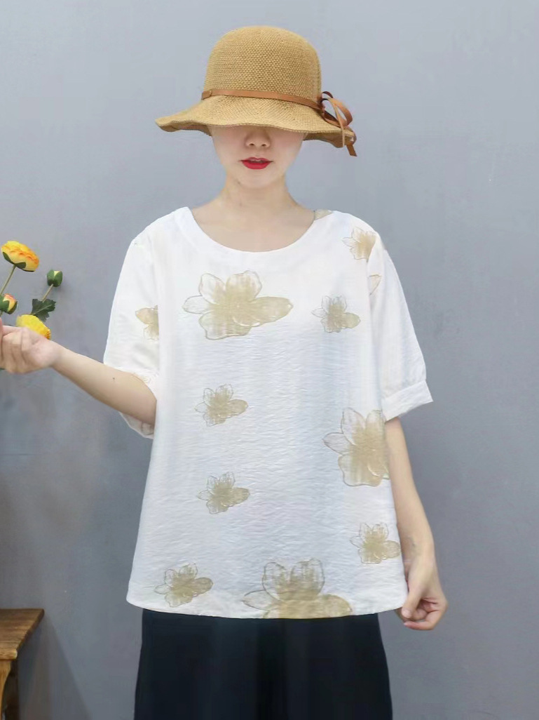 Nueva camiseta de mujer de estilo chino suelta impresa de manga corta para mujer camisa de fondo de verano Jersey cuello redondo artístico casual image 2