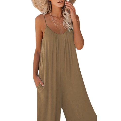 European and American-style summer women's long pants, solid color, with inset pockets, loose-fitting, casual, strap-style jumpsuit