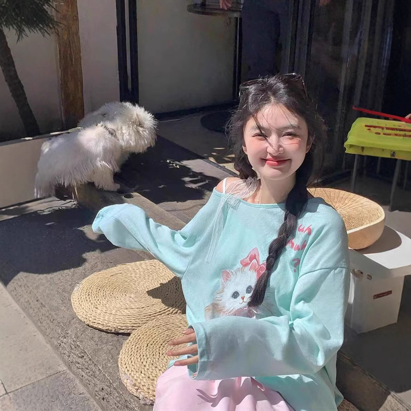 Cute Kitty Printed Shoulder Long-sleeved T-shirt Women's Spring and Summer New Thin Loose Sun Protection Blouse Casual Top Cute Kitty Printed Shoulder Long-sleeved T-shirt Women's Spring and Summer New Thin Loose Sun Protection Blouse Casual Top