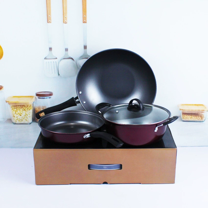 龙滋味 Three-piece pot set household wok non-stick pot kitchen utensils pot set 4S opening gifts wholesale