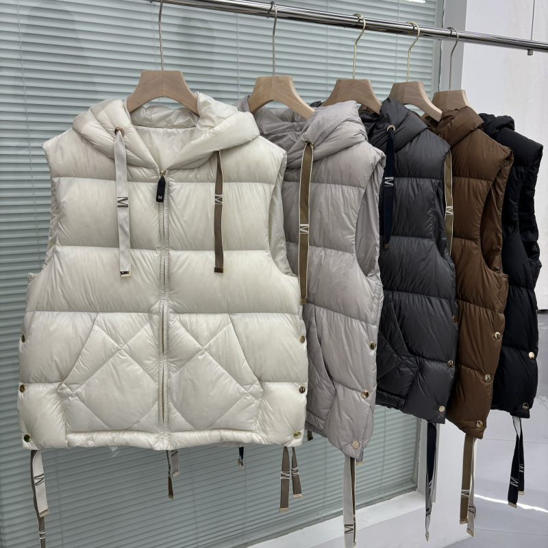 2025 가을 겨울 화이트 덕다운 숏 후드 레터링 드로스트링 조끼 다운 재킷 유럽 수출용