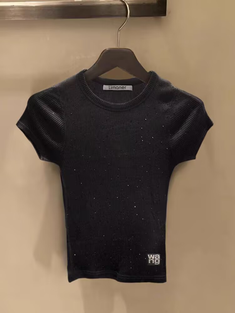 【在庫あり】2025夏新作ラウンドネック半袖Tシャツホットガールスリムフィットホットダイヤモンド見栄えの良いコットントップス女性用