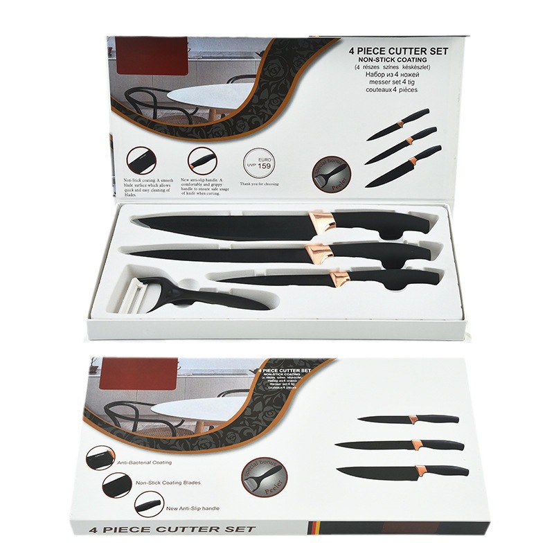 Comercio exterior en stock fábrica chapado en oro rosa cabeza grasa muñeca manejar conjunto de cuatro piezas hogar cocina cuchillo de corte vegetal caja de color