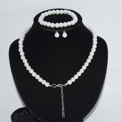 European and American wedding gift faux pearl three-piece jewelry set, bride's faux pearl necklace bracelet earring set