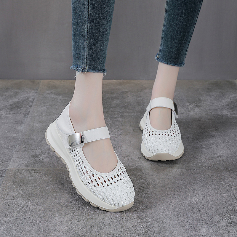 Sandal Mary Jane nữ da bò thật đế dày tăng chiều cao — màu be