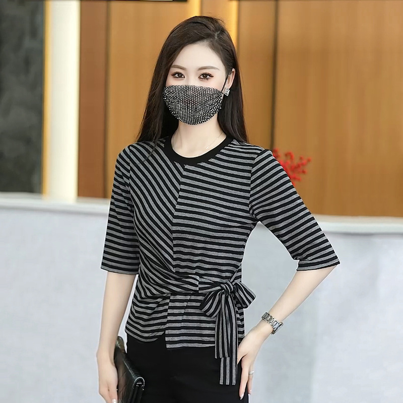 时尚休闲条纹中袖T恤女2025早秋新款设计感遮肉显瘦洋气百搭上衣|undefined