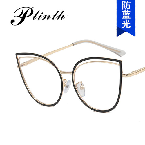 Cross-border hollow cat-eye flat mirror anti-blue light  new style glasses frame for women's personality can be equipped with myopia glasses frame