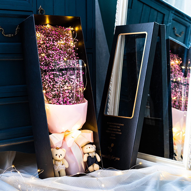 핑크 안개꽃 + 커플곰 60cm l 선물상자 - 꽃다발 + 선물상자 + LED 조명