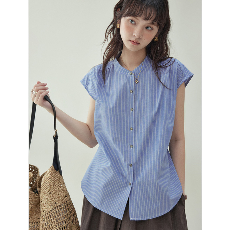 Hong Kong Style Blue Striped Flutter Sleeve Shirt for Women, Summer 2026 New Retro Tie-Back Loose Casual Button-Up Shirt Hong Kong Style Blue Striped Flutter Sleeve Shirt for Women, Summer 2026 New Retro Tie-Back Loose Casual Button-Up Shirt