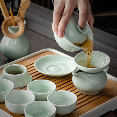 teapot Celadon tea set suit Cover bowl Coloured drawing household ceramics suit Carp Kungfu Online Tea cup