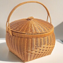 农村竹编篮子带盖拜拜篮子带盖手工编织超大容量收纳篮仿藤户外新