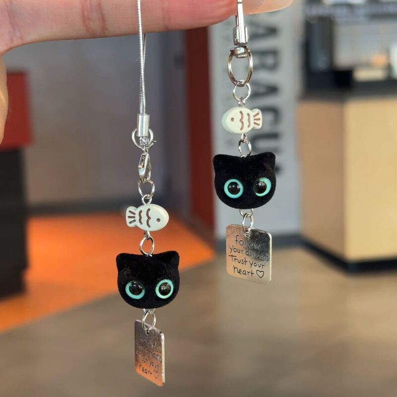 [Black Cat Loves to Eat Fish] Cute Flocked Big-Eyed Black Cat Cartoon Mobile Phone Chain DIY Handmade Pendant Ccd Camera Chain