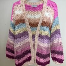 亚马逊秋冬新款欧美风纯手工彩虹条纹撞色粗针毛衣外套女sweater