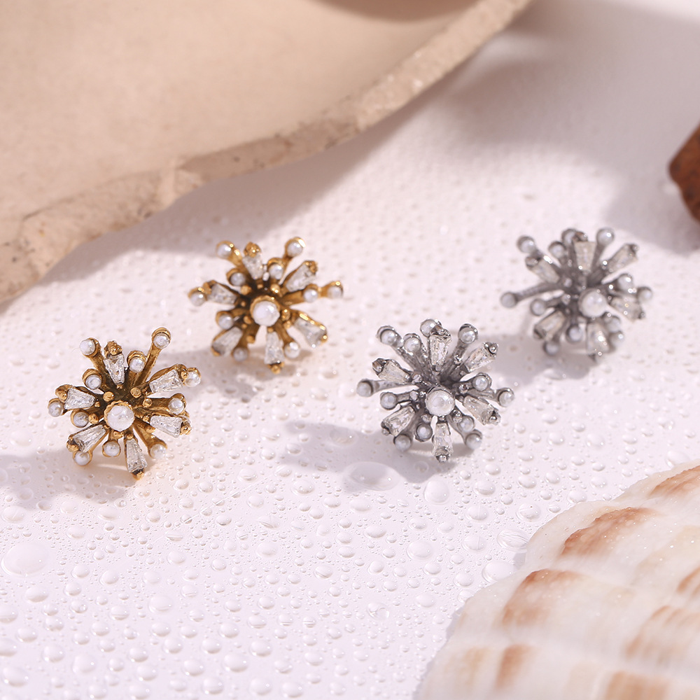 Pearl Zircon Fireworks Stainless Steel Earrings