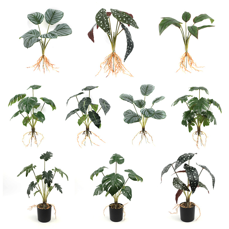 Simulated spring rain leaf potted plants with roots, cross-border green plants, home decoration, tropical green plant ornaments, Amazon plants