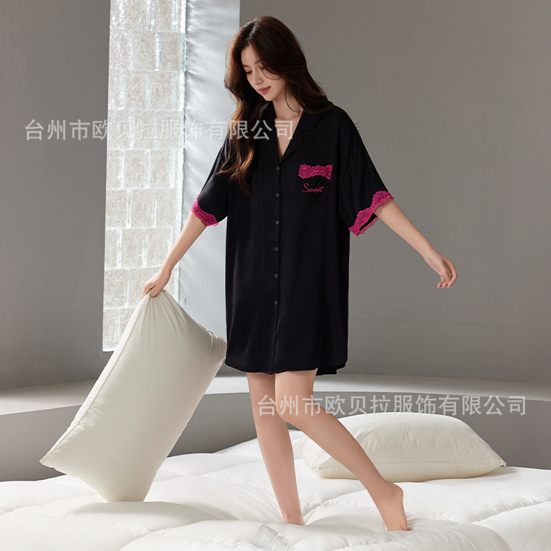 [Lace Goddess] Designer Spring and Summer Ice Silk Short-Sleeved Pajamas for Women, Loose Large Size Nightgown, Elegant Home Wear