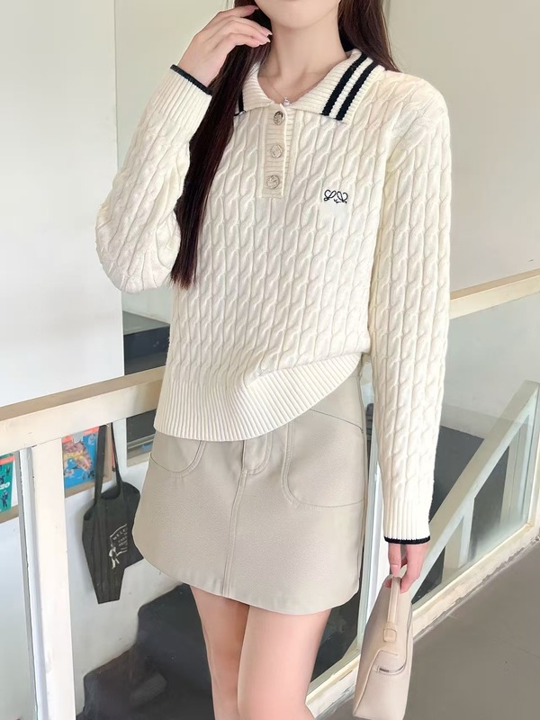 高定L*O家学院风polo领长袖绞花针织衫女修身显瘦套头毛衣上衣|undefined