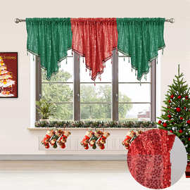 厂家直销外贸厂家成品窗帘窗纱新款亮片帷幔亚马逊圣诞三角幔窗帘