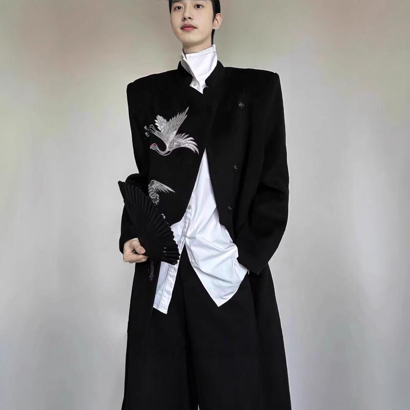 New Chinese Style Men's Crane Embroidery Woolen Coat Men's Autumn and Winter Hidden Button Mid-Length Stand Collar Windbreaker Hanfu Jacket New Chinese Style Men's Crane Embroidery Woolen Coat Men's Autumn and Winter Hidden Button Mid-Length Stand Collar Windbreaker Hanfu Jacket
