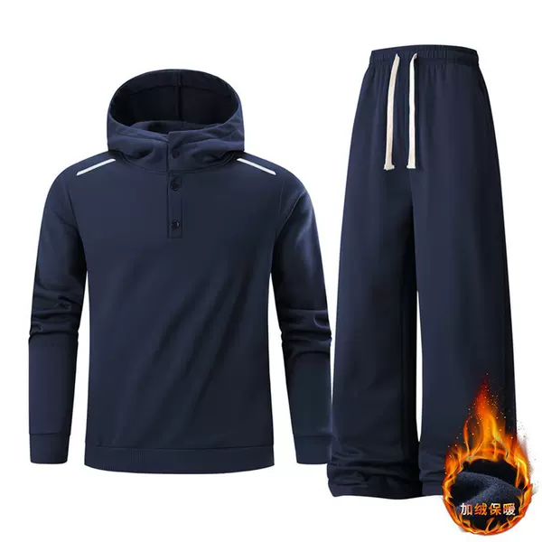 Cross-border European-style fleece-lined sweatshirt set, unisex casual sportswear, hooded sweatshirt, two-piece set, loose fit