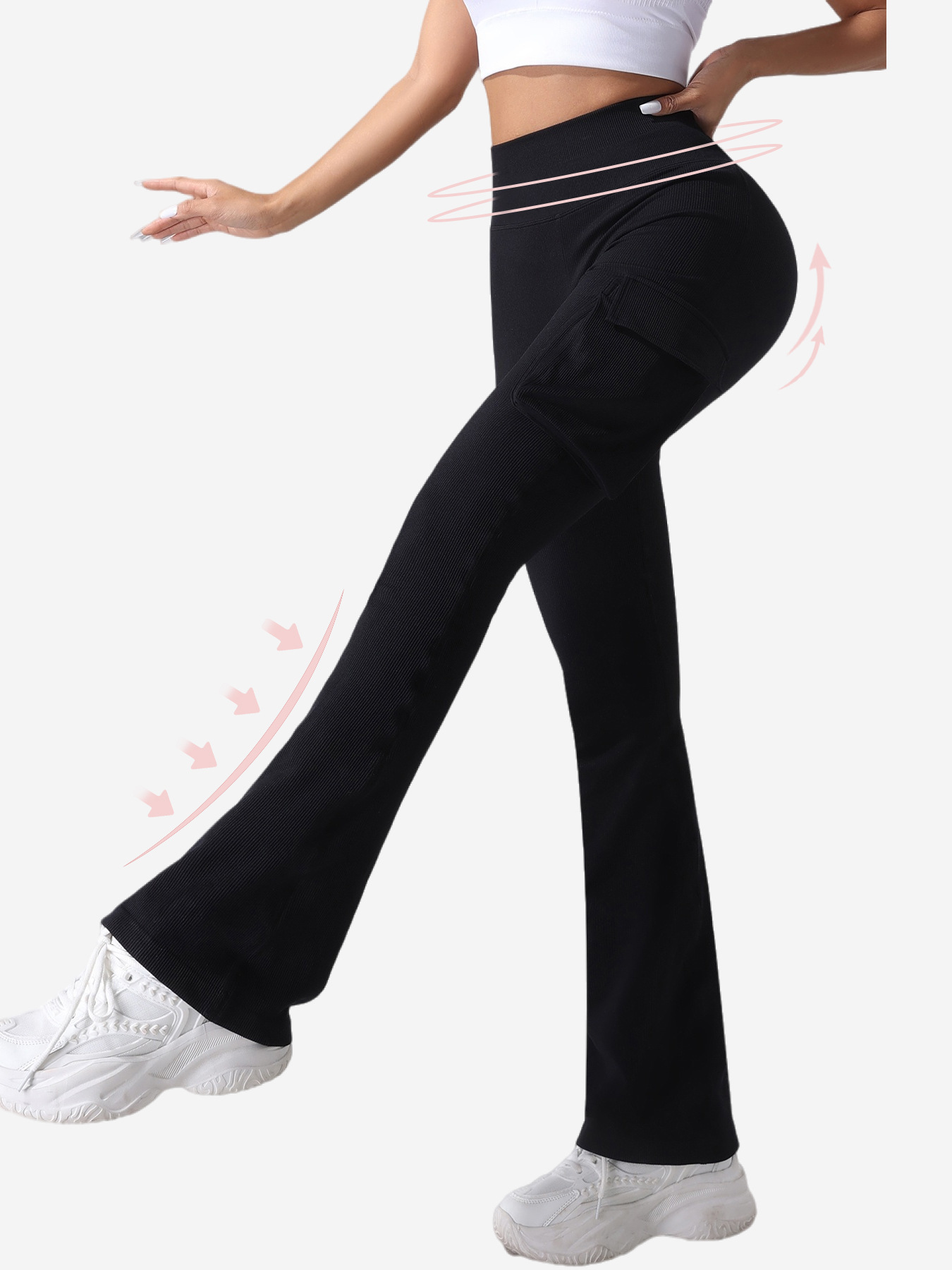 [Personalización] Pantalones de boquilla de rosca con bolsillo para mujeres pantalones de piernas anchas sin costuras pantalones de yoga ajustados de cintura alta