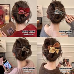 秋冬小香风蝴蝶结发夹后脑勺盘发毛绒鸭嘴夹大号高级感一字发夹女