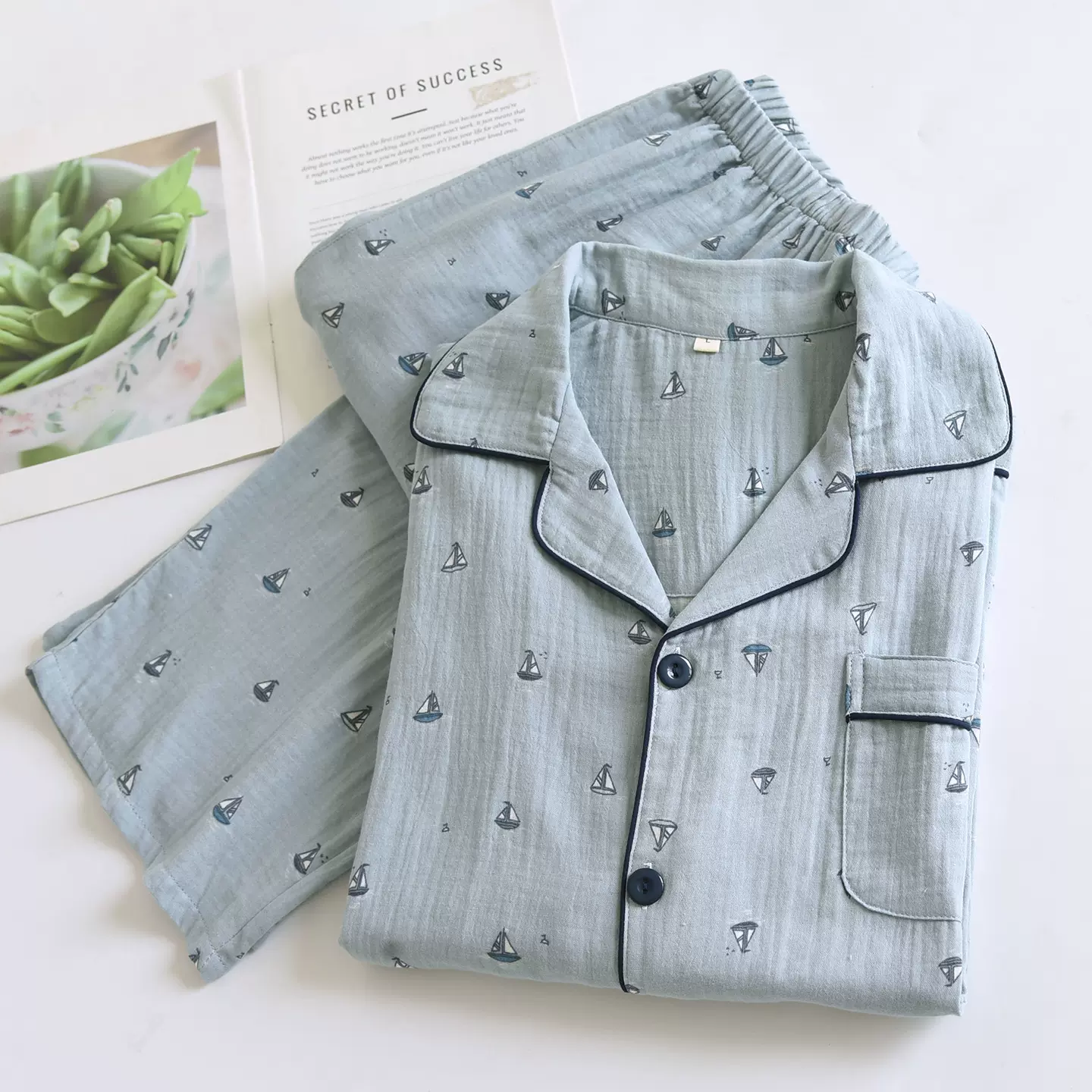 男士春夏睡衣家居服套装大码秋季长袖长裤绉纱纯棉薄款宽松居家服