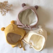 婴儿帽子秋冬小熊无骨可爱双球ins保暖护耳帽新生儿宝宝胎帽批发