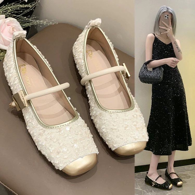 Little Xiangfeng светлая обувь одиночная обувь женская весна и лето 2025 новая плоская подошва дикая бобовая обувь модная блестка Мэри Джейн