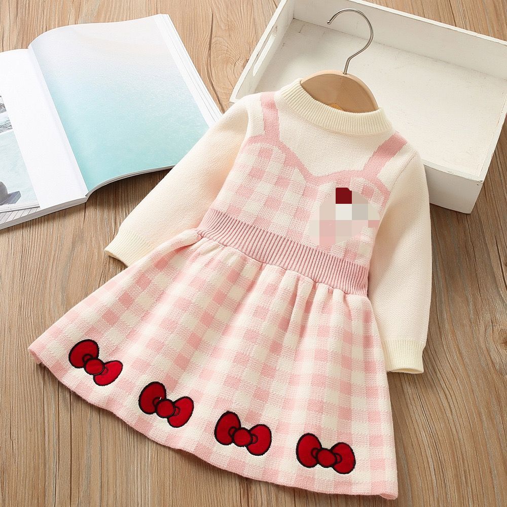 Ragazze Di Lana D 2023 Inverno Nuova Bambina Alla Moda Falso in Due Pezzi Del Fumetto Ricamato a Maniche Lunghe per Bambini_voghion.com