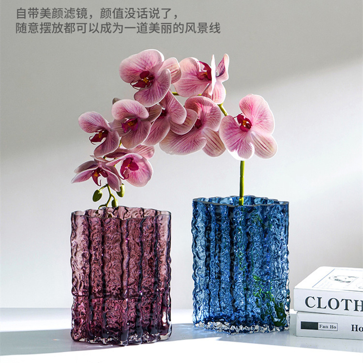新款ins风海洋蓝色菱形冰川玻璃花瓶加厚颜色摆件家居批发轻奢风