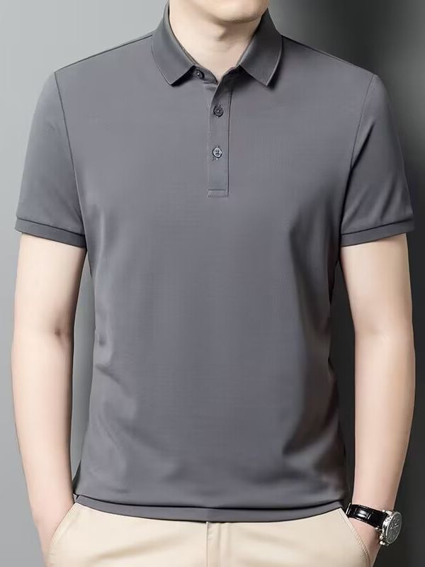 Camisa de polo de comercio exterior de seda de morera Camiseta de manga corta para hombre verano negocios de mediana edad más tamaño solapa color sólido ropa de hombre suelta