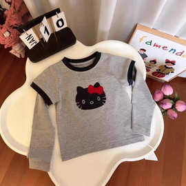 小众女童长袖t恤春秋季刺绣kt猫假两件韩版圆领打底衫百搭上衣ins