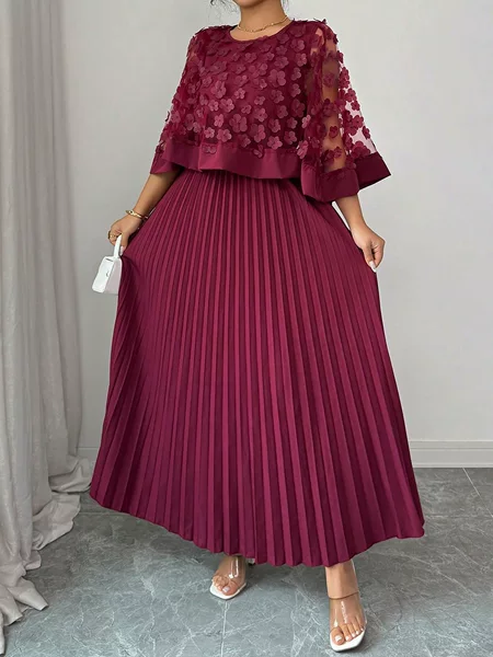 Cross-Border Foreign Trade European and American Plus-Size 2026 Summer New Style Elegant Mesh Cape Splicing Mid-Length Dress