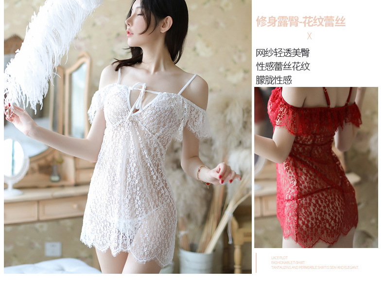 Lace See-through Babydoll Nightgown with Thong, Red One Size — detail image 6