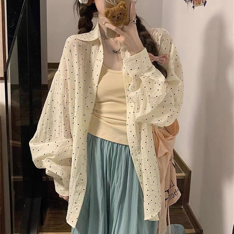 Korean Style Polka Dot Sunscreen Shirt Women's Summer Split Lace-up Loose Casual Shirt Long-sleeved Thin Top Trendy Coat