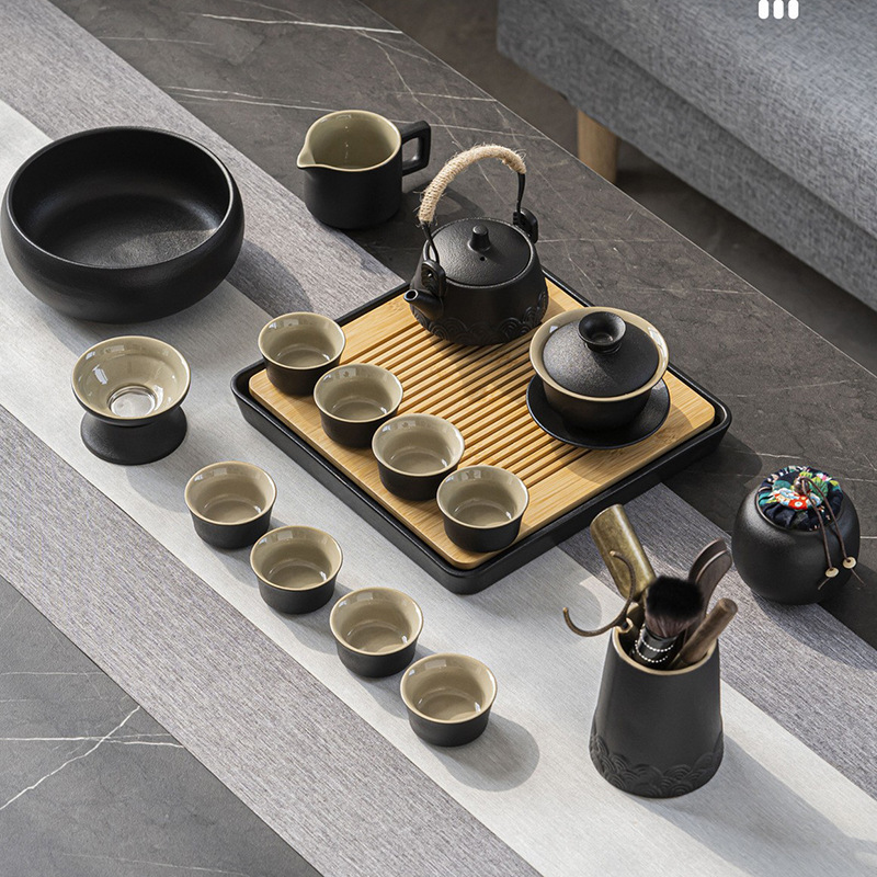 Japanese-style sea wave black pottery kung fu tea set home office simple retro coarse pottery ceramic tea set Wholesale