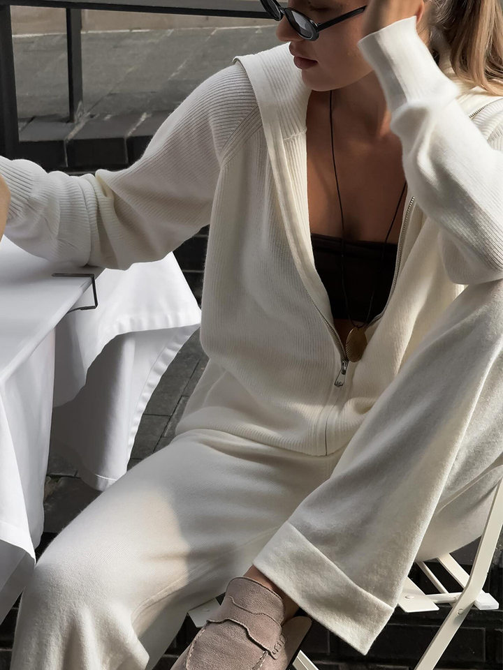Bộ áo cardigan dệt kim khóa kéo phối quần dài ống rộng nữ — màu bột yến mạch, màu nâu, màu xám, trắng chi tiết 44
