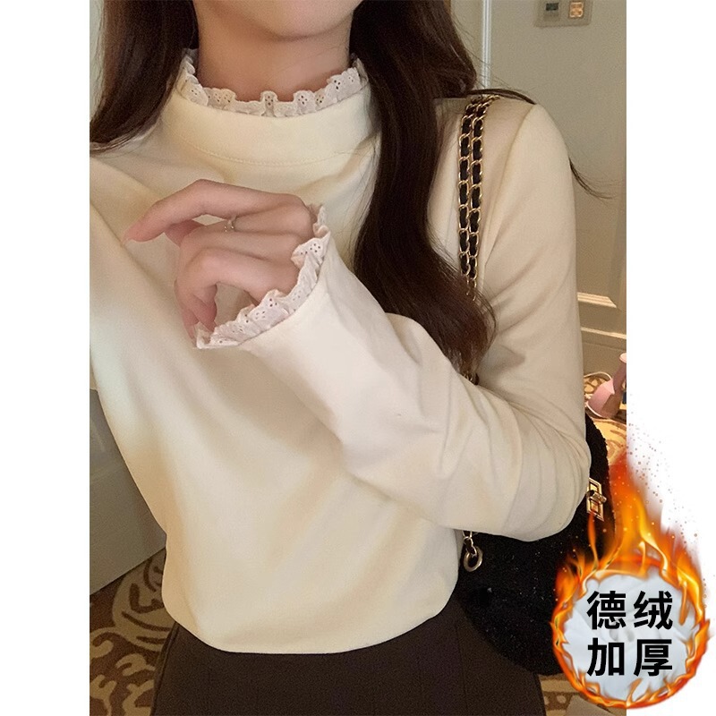 Half-high collar double-sided velvet base shirt lace stitching Australian velvet T-shirt thickened warm inner base shirt top