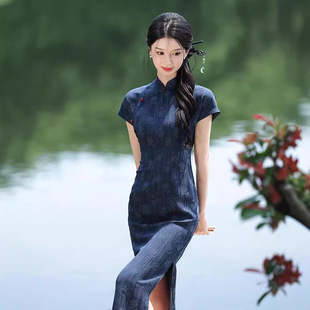 Ancient Cheongsam 2024 New Style New Chinese Temperament High-end Young Retro Improved Blue dress Women's Summer