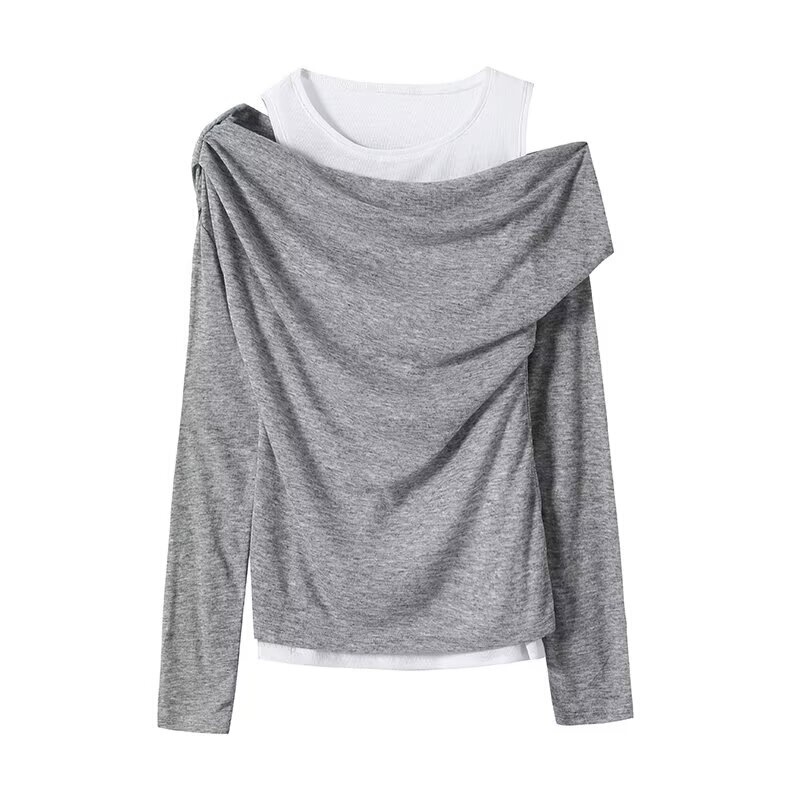 Pb&Za Cross-Border Supply 2025 Autum New European and American Style Design Slim Gray Off-Shoulder Two-Piece Sweatshirt Pb&Za Cross-Border Supply 2025 Autum New European and American Style Design Slim Gray Off-Shoulder Two-Piece Sweatshirt
