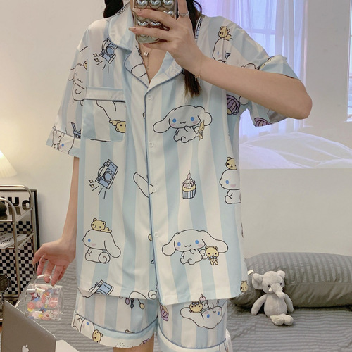 Summer pajamas, women's short-sleeved Korean cardigan, casual imitation silk ice silk cute home wear set
