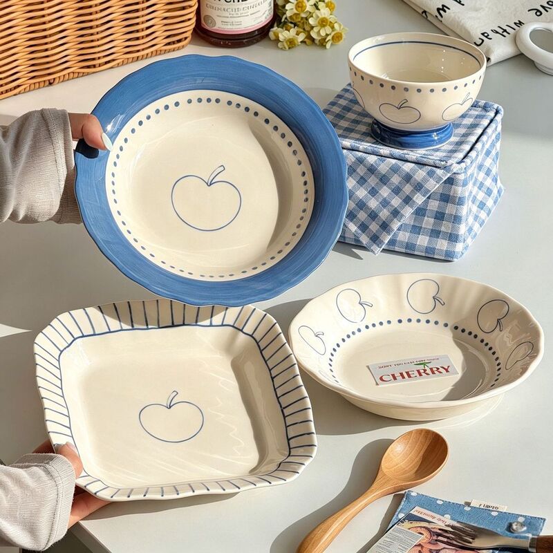 Apple-shaped dinner plate, home-use dish, beautiful plate, cute underglaze color tableware, ceramic round deep plate, fruit salad plate Apple-shaped dinner plate, home-use dish, beautiful plate, cute underglaze color tableware, ceramic round deep plate, fruit salad plate