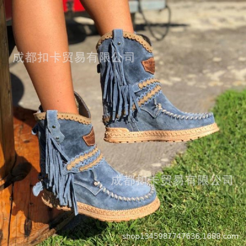 2025欧美跨境厚底流苏女靴大码休闲套筒短靴女鞋亚马逊货源X426