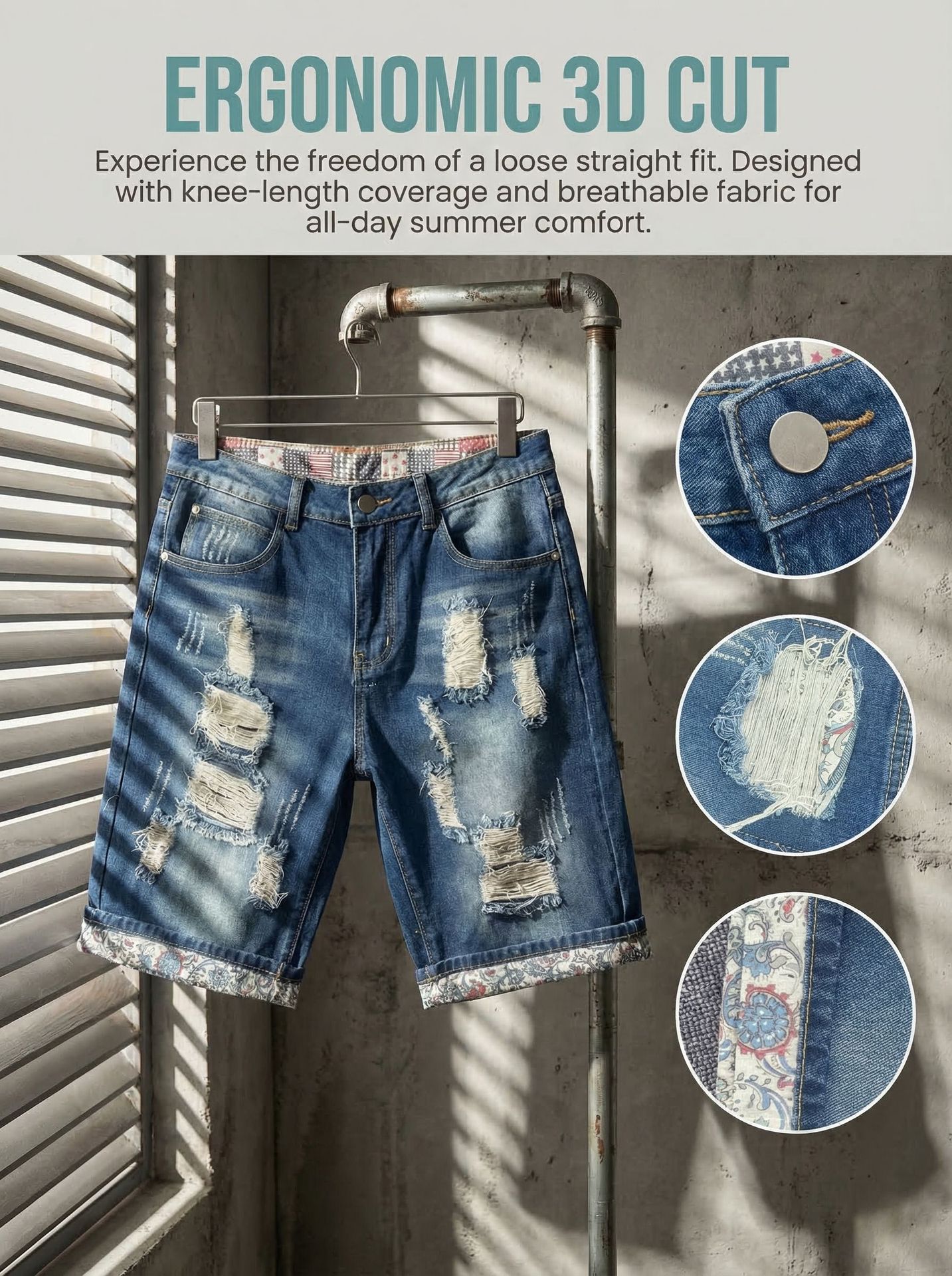 Men's Trendy Ripped Patched Denim Shorts Mid-Length Street Style Summer Riding Breeches Trade Hot Selling_mkmklike.com
