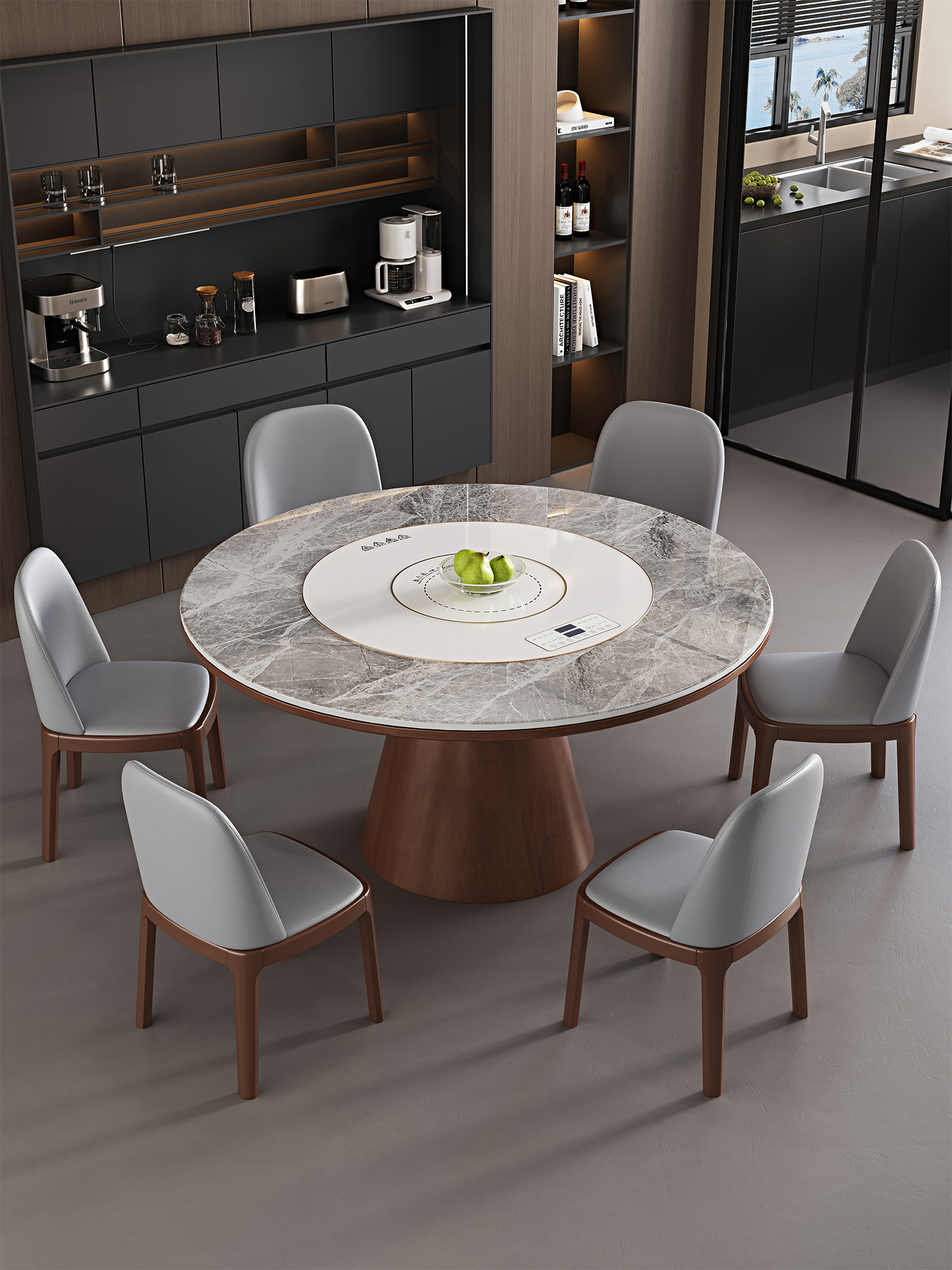 ✅ Solid Wood Slate Dining Table and Chair Set, Multifunctional Induction Cooker, Warming Plate, Round Table, Light Luxury Home-Use Round Dining Table