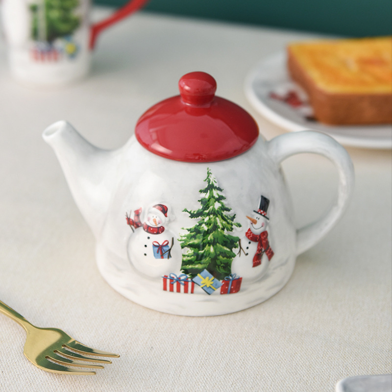 País nórdico Navidad muñeco de nieve tetera de cerámica porcelana blanca tetera de té de la tarde cafetera de estilo occidental vajilla en relieve