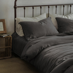 高級感砂洗做舊小寬邊黑灰80支蘭精天絲四件套超柔軟裸睡床單被套