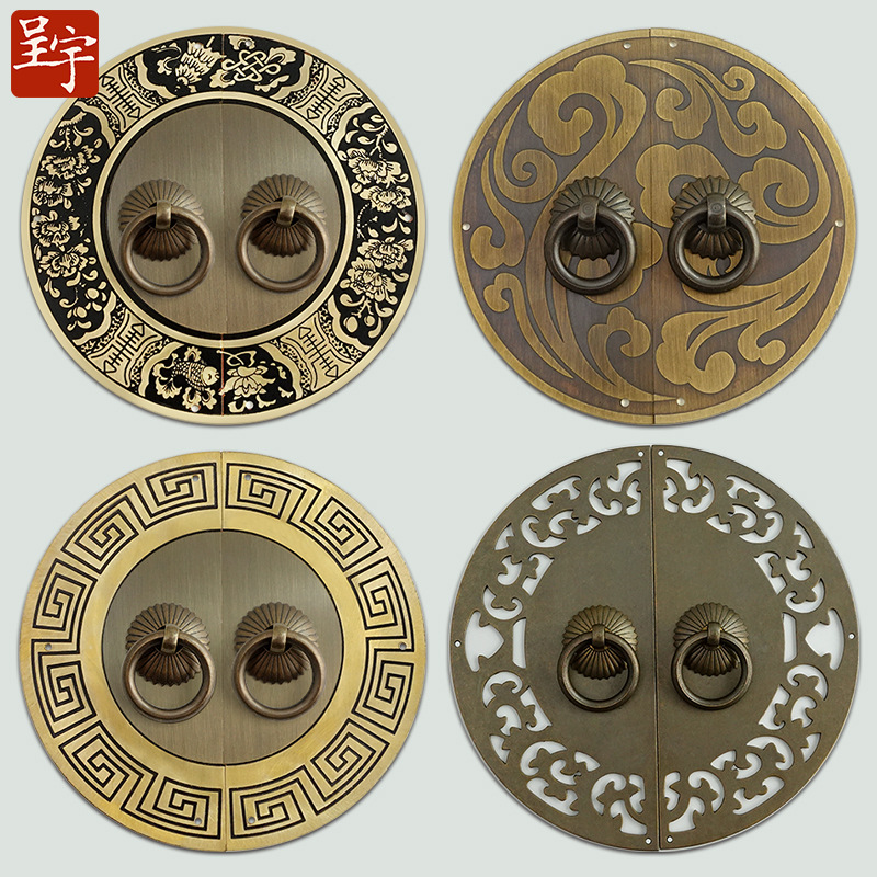 新中式刻花圆形黄铜拉手明清仿古家具铜件衣柜拉手黄铜色柜门把手